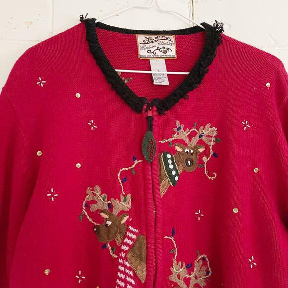 VINTAGE Red Ugly Christmas Sweater Zip Up Reindeer Large L - Picture 2 of 9